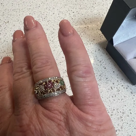 Gold Over Sterling Silver Genuine Emerald, Sapphire & Ruby Wide Band Ring - Picture 1 of 5